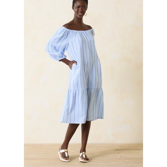 Tommy Bahama Island Gauze Villa Solstice Tie-Waist Midi Tier Dress | XL Blue NWT - Picture 3 of 5